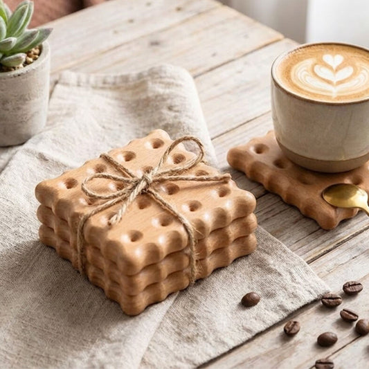 Wooden Biscuit Shaped Coasters – Cookie Design Drink Coasters Set of 4