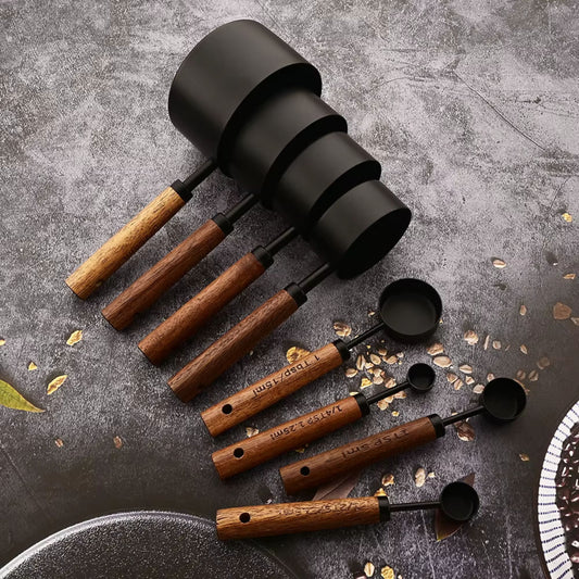 Wooden Handle Stainless Steel Measuring Cups & Spoons – 8 Piece Set for Baking & Coffee