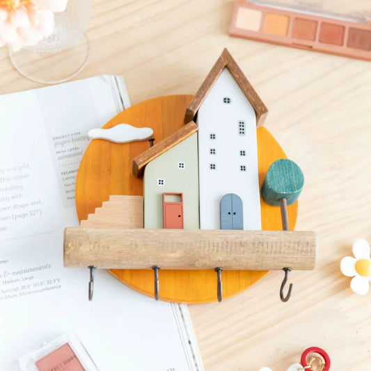 Wooden House Key Hook Wall Shelf – Cute Decorative Key Holder with Hooks