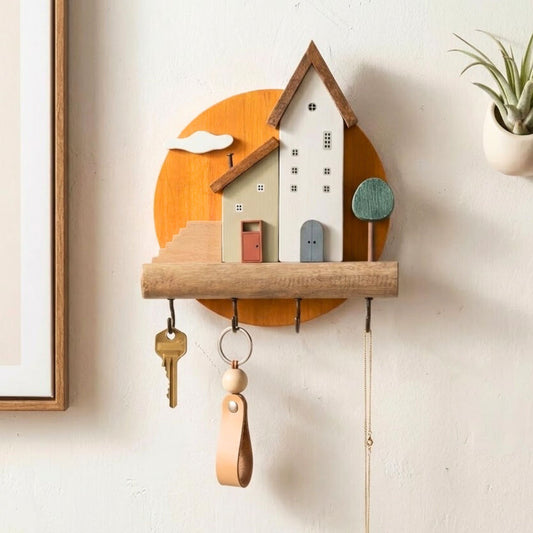 Wooden House Key Hook Wall Shelf – Cute Decorative Key Holder with Hooks