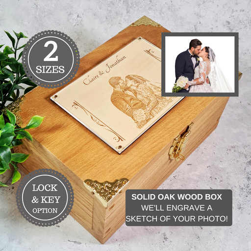 Engraved Couples Photo Keepsake Box - Solid Oak Wedding Memory Box