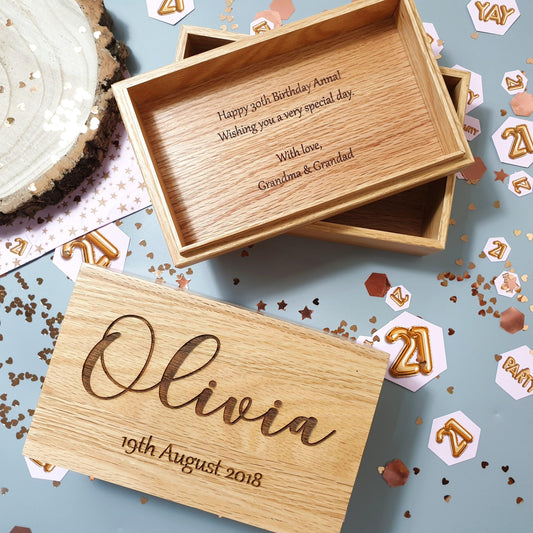 Engraved Oak Birthday Gift Box I 16th 18th 21st Birthday Milestone Gift I Jewellery Box