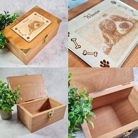 Engraved Pet Photo Keepsake Box - Solid Oak Pet Memory Box