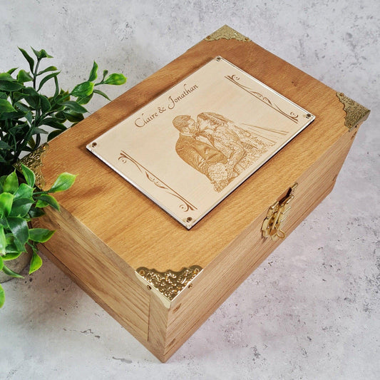 Engraved Wedding Portrait Memory Box I Luxury Wedding Anniversary Gift I Oak Wood Keepsake Box