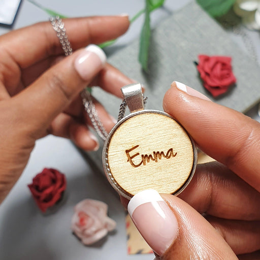 Engraved Wooden Name Necklace I Personalised Birthday Gift for Her