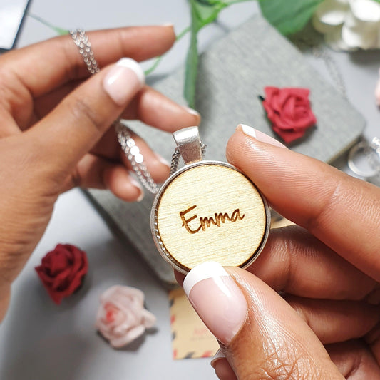 Engraved Wooden Name Necklace I Personalised Birthday Gift for Her