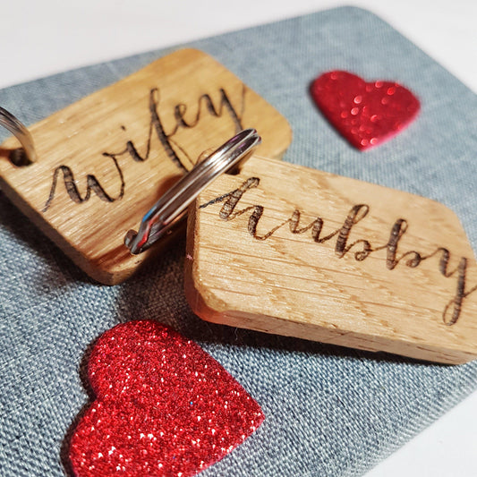 Hubby and Wifey Engraved Keyring Set