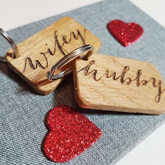 Hubby and Wifey Engraved Keyring Set