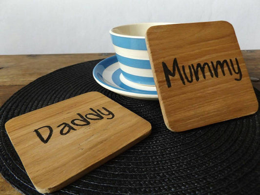 Mummy & Daddy Oak Coaster Set