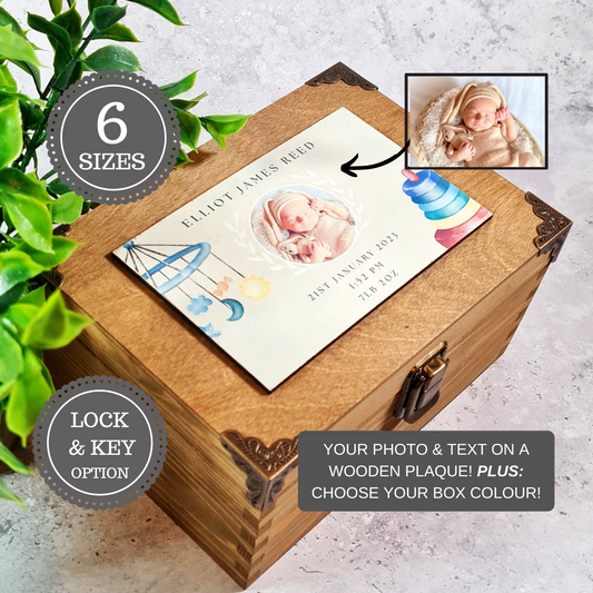 Personalised Baby Photo Keepsake Box - Wooden Baby Memory Box - Newborn Baby Gift