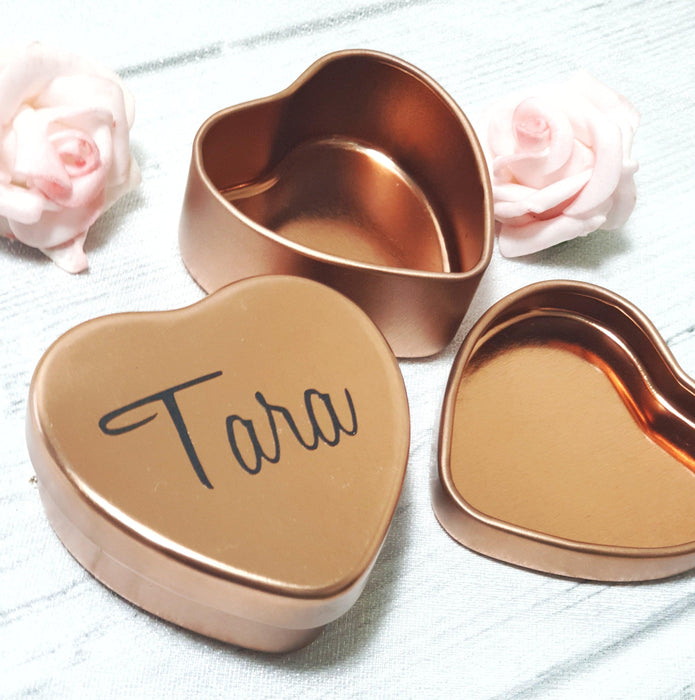 Personalised Bridesmaid Gift Box I Rose Gold Heart Favour I Wedding Guest Gift I Bridal Shower Jewellery Tin Box I Gift for Her