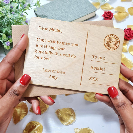 Personalised Reusable Hug Postcard I Eco friendly Wood Postcard I Sympathy Friend Gift