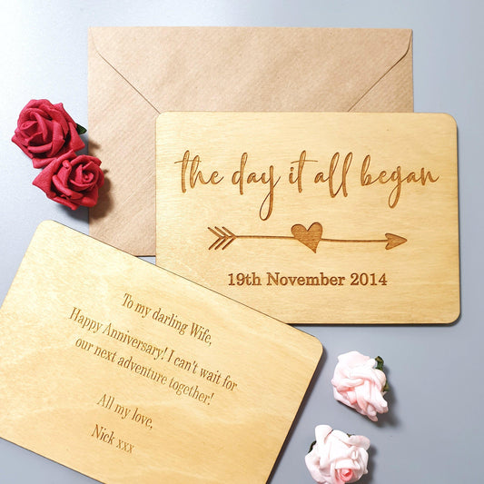 Personalised Wedding Anniversary Date Postcard I Engraved Wooden Wedding Card