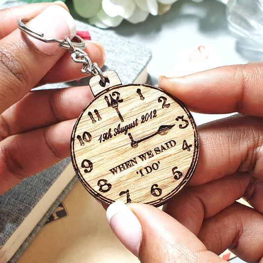 Personalised Wedding Time Date Keyring I Wood 5th Anniversary Gift