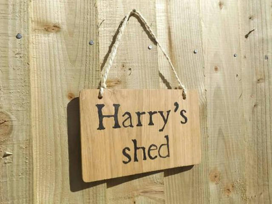 Personalised oak wood shed sign