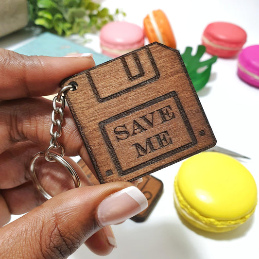 Retro Floppy Disk Keyring I Wooden Save Me Computer Disk Keychain I Engraved Gift