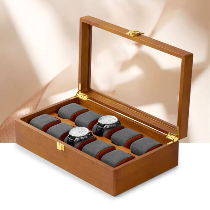 10 Grid Wooden Watch Box with Velvet Cushions – Solid Wood Watch Storage & Display Case
