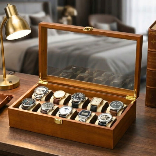 10 Grid Wooden Watch Box with Velvet Cushions – Solid Wood Watch Storage & Display Case