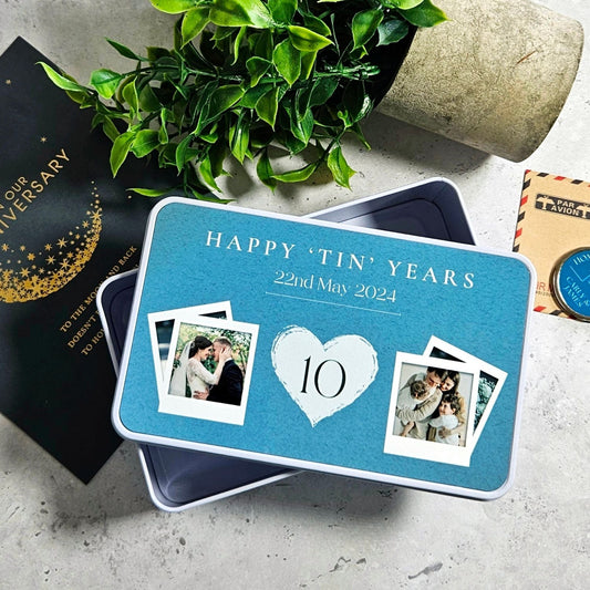 10th Anniversary Gift for Wife, Personalised Photo Tin Anniversary Gift, 10 Year Wedding Anniversary Keepsake, Tenth Anniversary Gift for Her, Tin Gift for 10 Years of Marriage