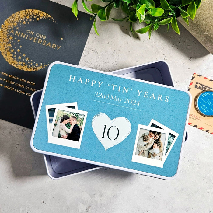 10th Anniversary Gift for Wife, Personalised Photo Tin Anniversary Gift, 10 Year Wedding Anniversary Keepsake, Tenth Anniversary Gift for Her, Tin Gift for 10 Years of Marriage