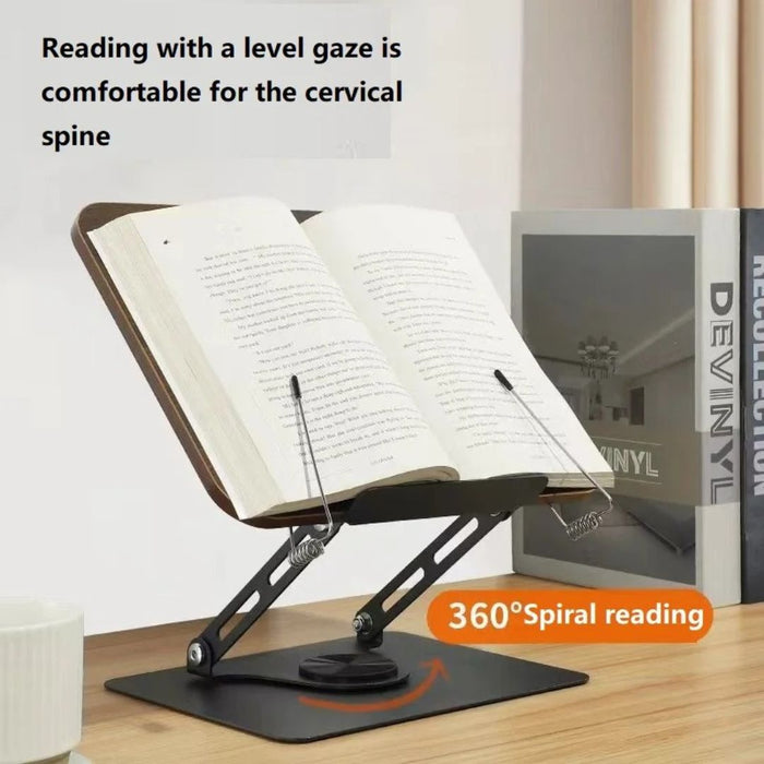 Adjustable Desktop Reading Stand with 360° Rotating Base – Wooden & Aluminium Book, Tablet & Cookbook Stand