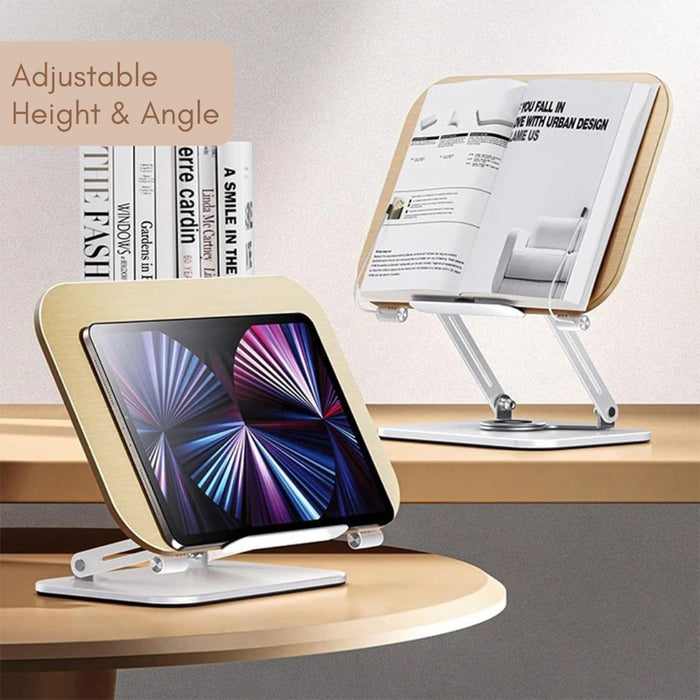Adjustable Desktop Reading Stand with 360° Rotating Base – Wooden & Aluminium Book, Tablet & Cookbook Stand