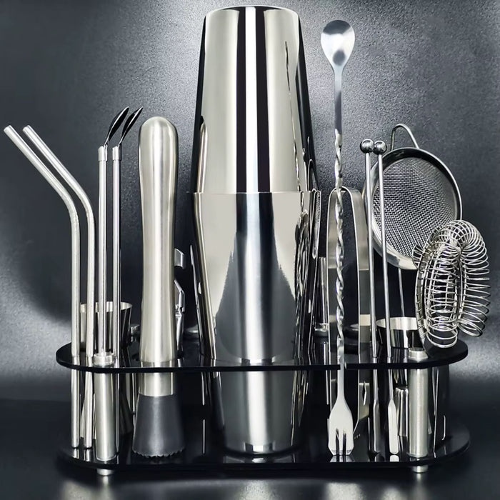 22 Piece Stainless Steel Cocktail Shaker Set with Stand | 750ml Bar Tools