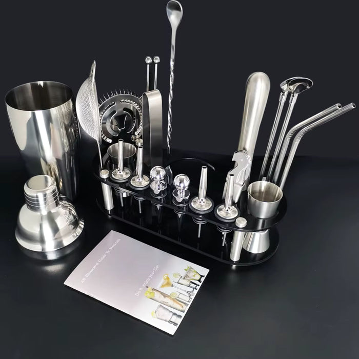 22 Piece Stainless Steel Cocktail Shaker Set with Stand | 750ml Bar Tools