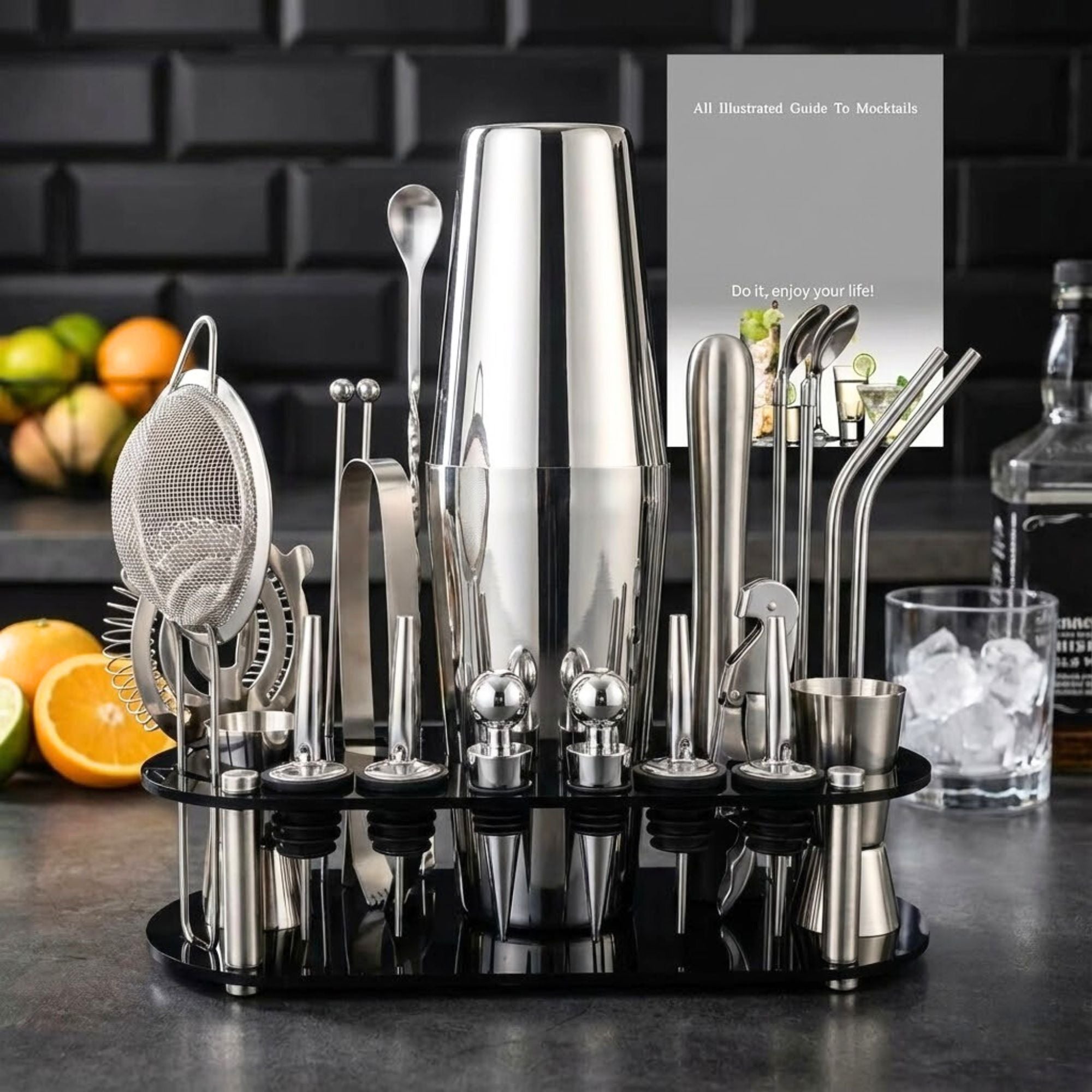 22 Piece Stainless Steel Cocktail Shaker Set with Stand | 750ml Bar Tools