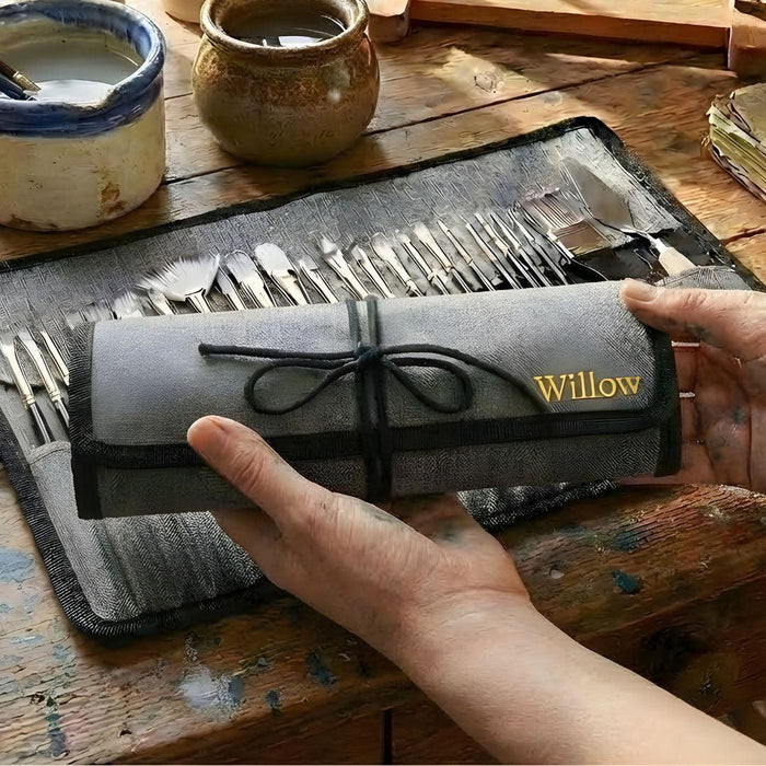 24-Piece Premium Paint Brush Set with Personalised Canvas Roll Case