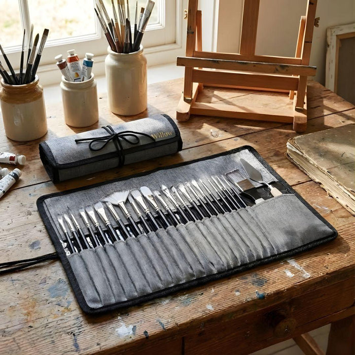 24-Piece Premium Paint Brush Set with Personalised Canvas Roll Case
