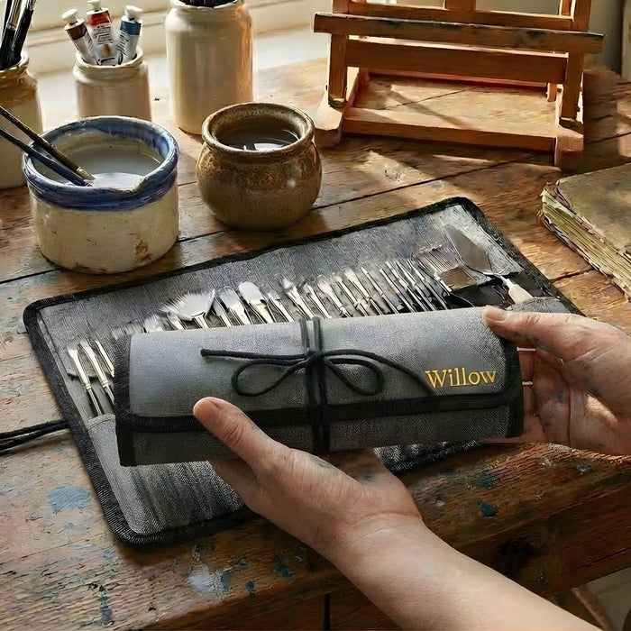 24-Piece Premium Paint Brush Set with Personalised Canvas Roll Case