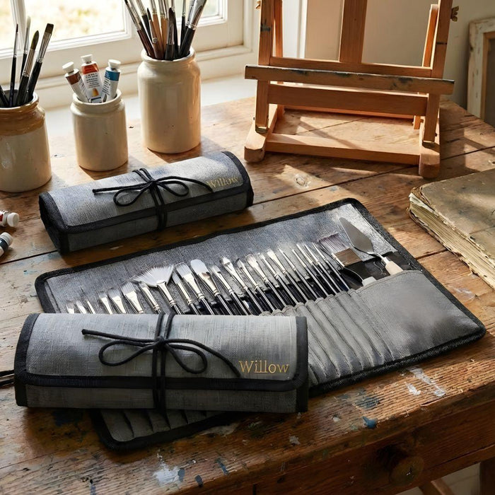 24-Piece Premium Paint Brush Set with Personalised Canvas Roll Case