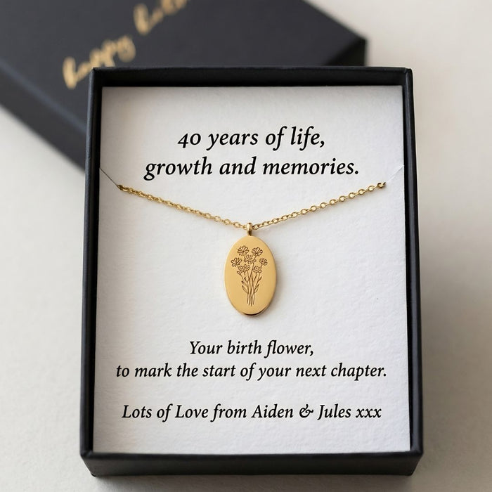 40th Birthday Gift for Sister, Personalised Birth Flower Necklace for Sister, 40th Birthday Necklace, Sister 40th Keepsake, Gold Birth Flower Pendant, 40th Gift for Her