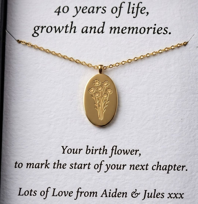 40th Birthday Gift for Sister, Personalised Birth Flower Necklace for Sister, 40th Birthday Necklace, Sister 40th Keepsake, Gold Birth Flower Pendant, 40th Gift for Her