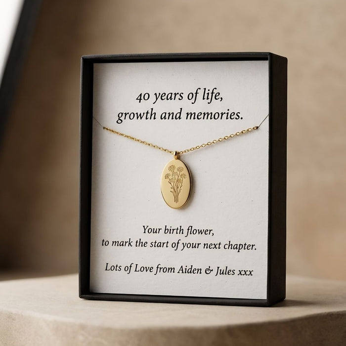 40th Birthday Gift for Sister, Personalised Birth Flower Necklace for Sister, 40th Birthday Necklace, Sister 40th Keepsake, Gold Birth Flower Pendant, 40th Gift for Her
