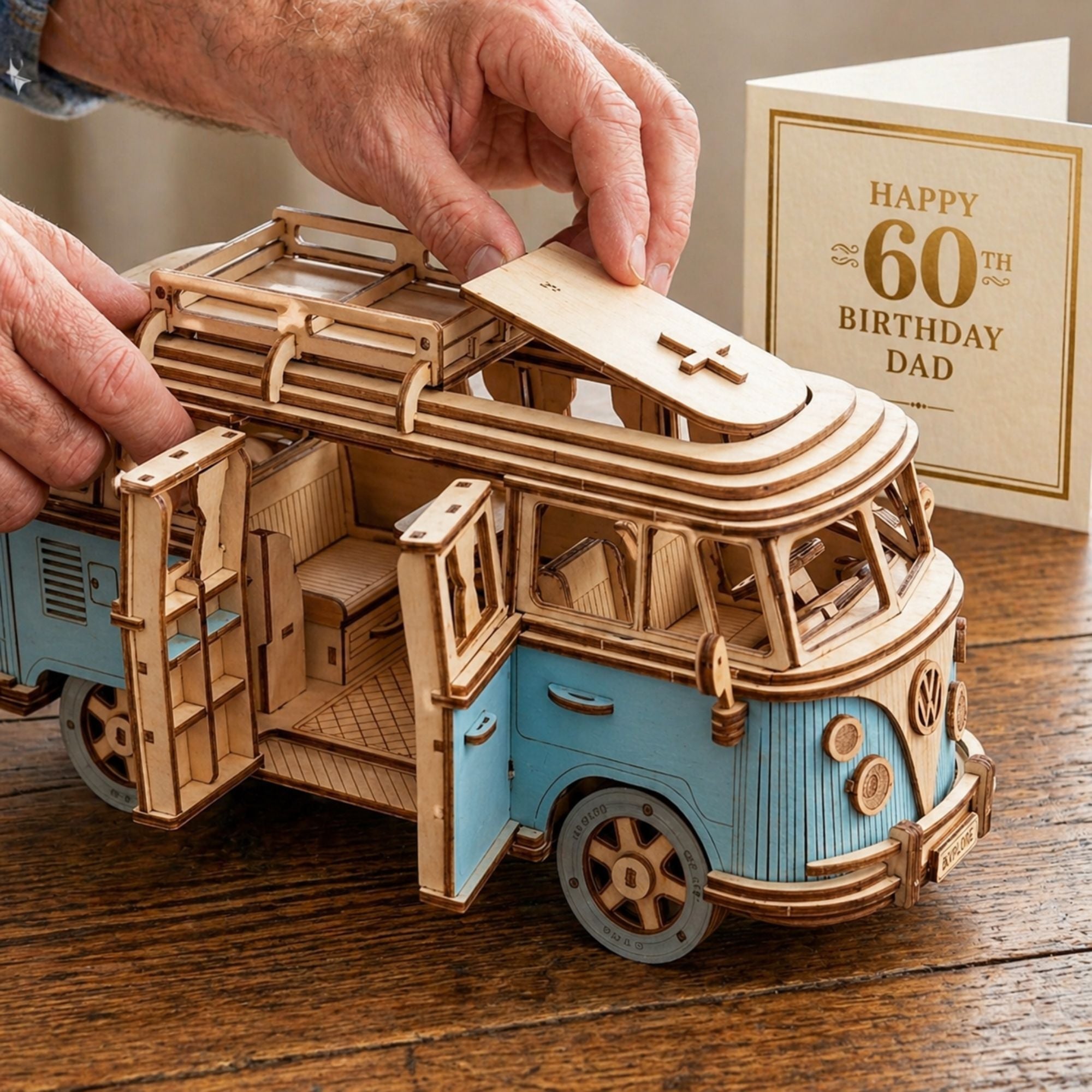 60th Birthday Gift for Dad, Retro Campervan 3D Wooden Puzzle, Unusual Birthday Gift for Him, Wooden Model Kit for Men, Creative Gift for Dad