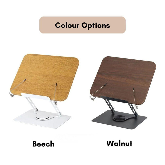 Adjustable Desktop Reading Stand with 360° Rotating Base – Wooden & Aluminium Book, Tablet & Cookbook Stand
