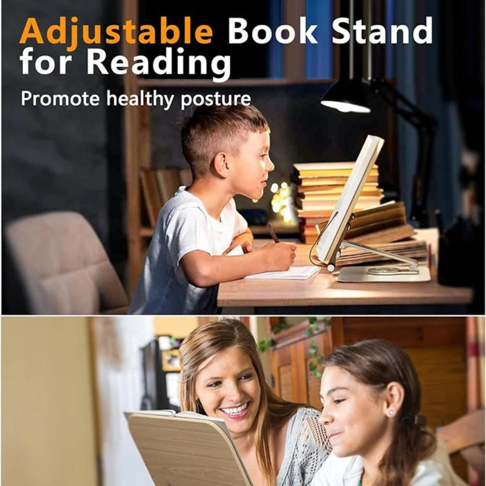 Adjustable Desktop Reading Stand with 360° Rotating Base – Wooden & Aluminium Book, Tablet & Cookbook Stand