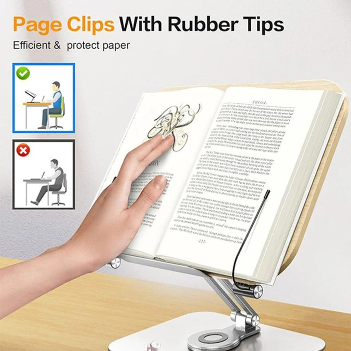 Adjustable Desktop Reading Stand with 360° Rotating Base – Wooden & Aluminium Book, Tablet & Cookbook Stand