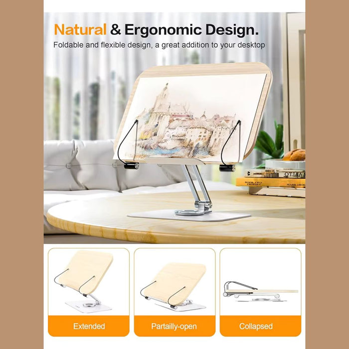 Adjustable Desktop Reading Stand with 360° Rotating Base – Wooden & Aluminium Book, Tablet & Cookbook Stand