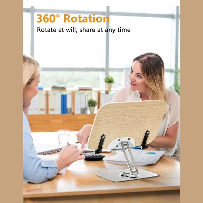 Adjustable Desktop Reading Stand with 360° Rotating Base – Wooden & Aluminium Book, Tablet & Cookbook Stand