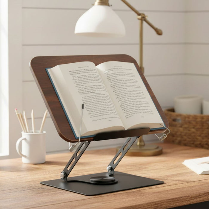 Adjustable Book Stand With 360° Rotating Base - Foldable Cookbook Holder With Page Clips