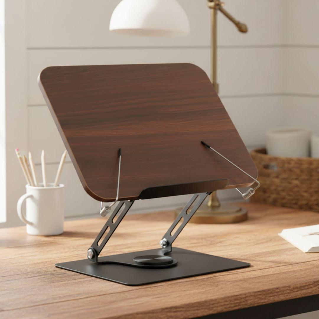 Adjustable Desktop Reading Stand with 360° Rotating Base – Wooden & Aluminium Book, Tablet & Cookbook Stand