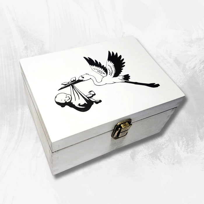 Baby's First Memory Box | Newborn Baby Stork Milestone Gift | White Wood Chest