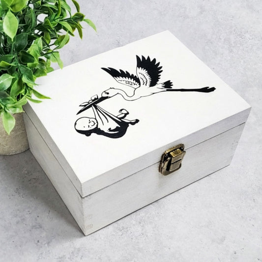 Baby's First Memory Box | Newborn Baby Stork Milestone Gift | White Wood Chest