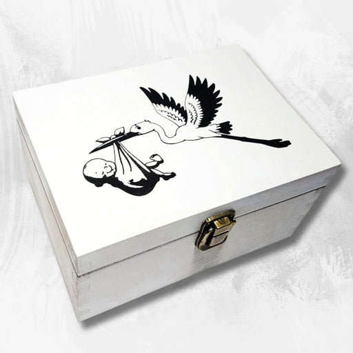 Baby's First Memory Box | Newborn Baby Stork Milestone Gift | White Wood Chest
