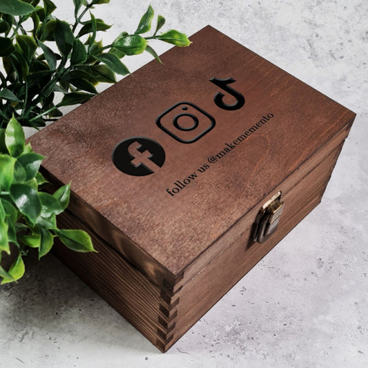 Branded Social Media Wooden Events Promotions Box - 6 Sizes Small to XLarge