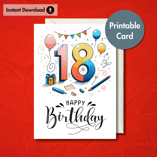 Colourful 18th Birthday Balloon Card | Printable Instant Download Gift