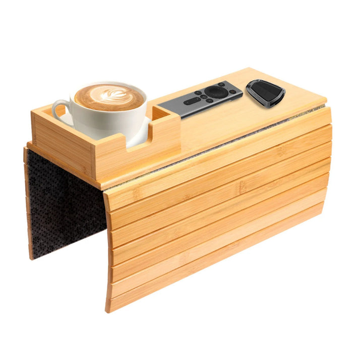 Couch Cup Holder Bamboo Sofa Armrest Tray – Foldable Anti-Slip Sofa Side Table